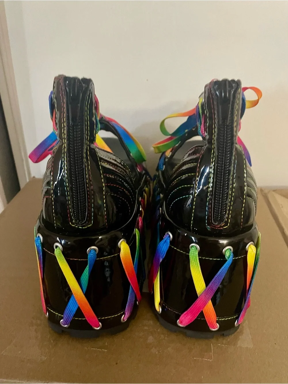 Patent Black Platform Lace-Up Shoes with Rainbow Laces